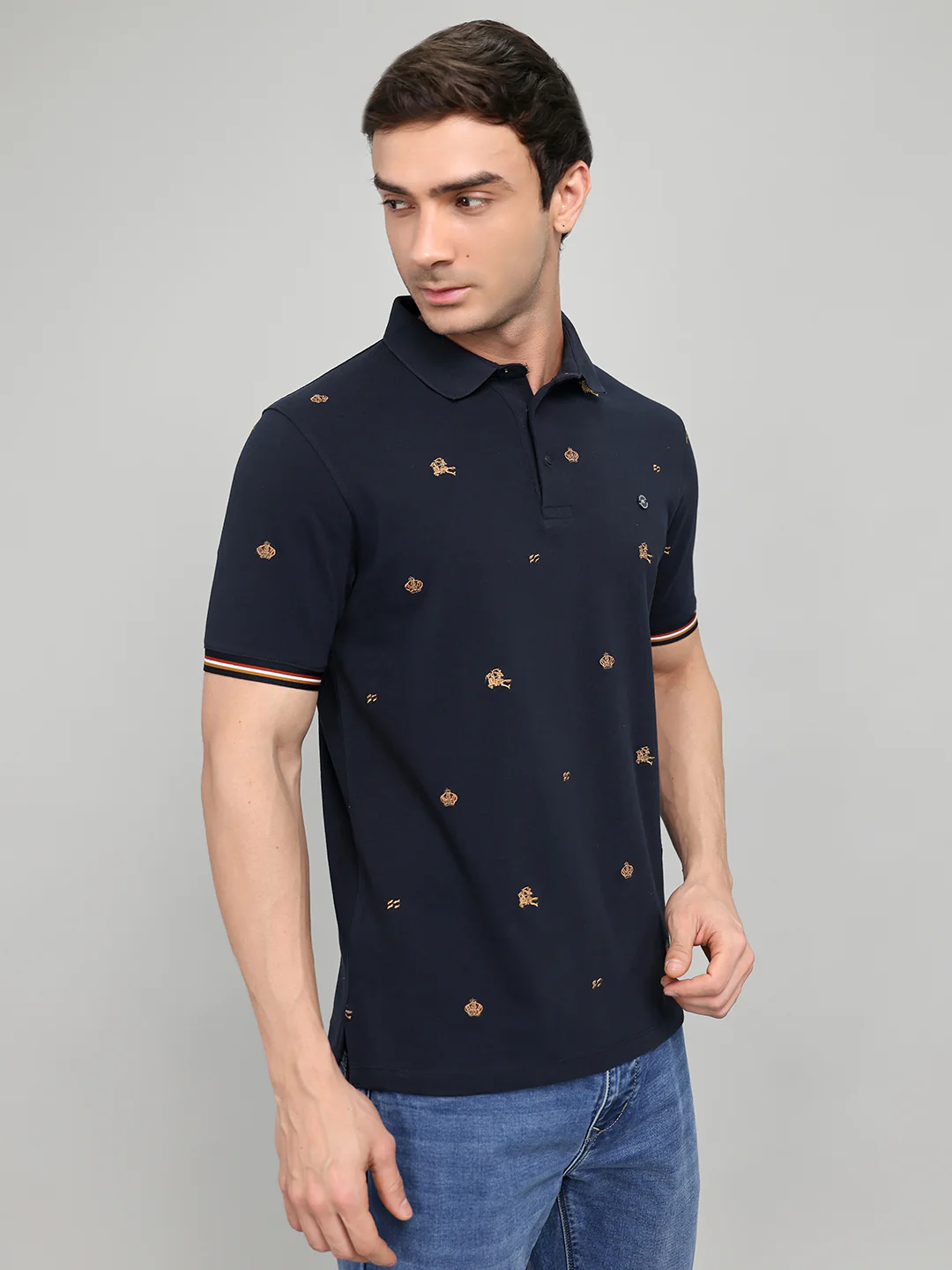 Men Navy Blue Embroidered Collar Half Sleeve T-Shirt - Image 3