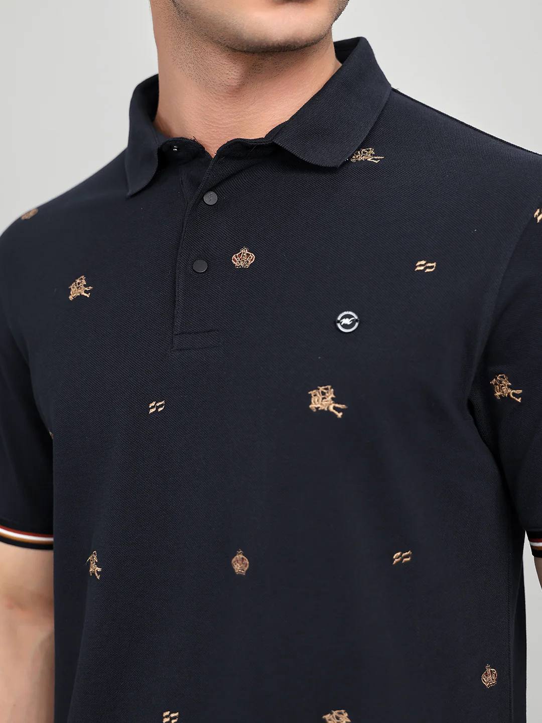 Men Navy Blue Embroidered Collar Half Sleeve T-Shirt - Image 5
