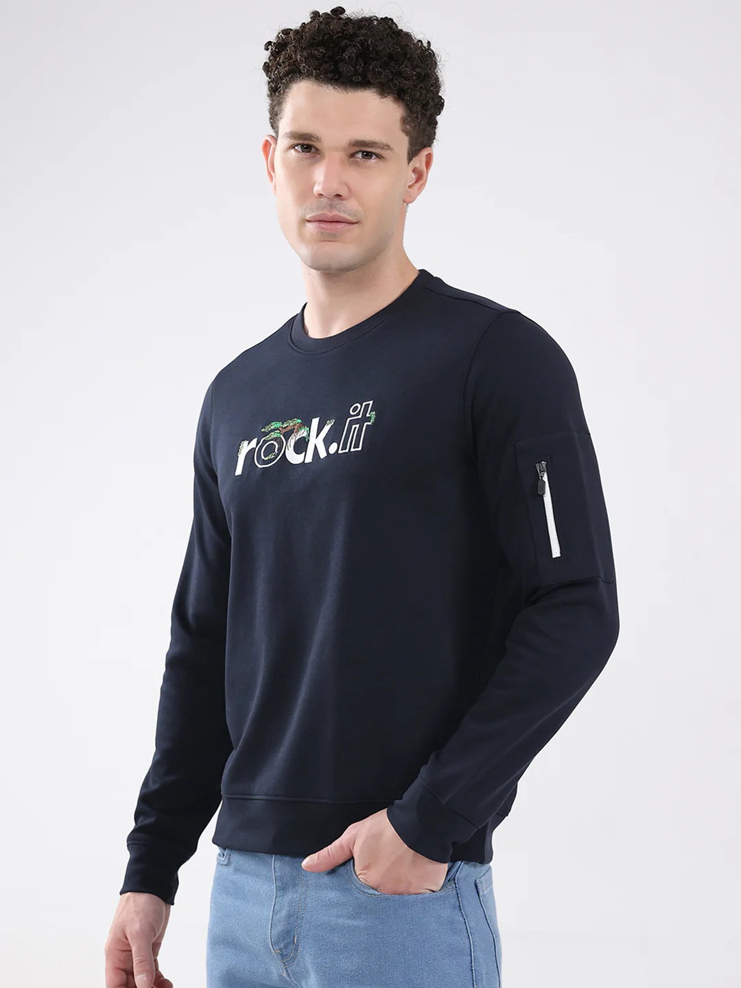 Rock.it Men Navy Blue Embroidered Round Neck Full Sleeve Sweatshirt - Image 3