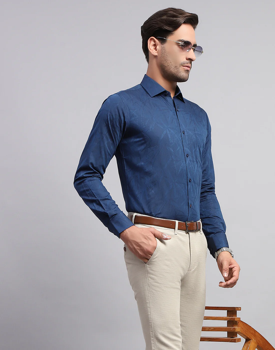 Luxuria Men Navy Blue Floral Print Collar Full Sleeve Shirt - Image 6