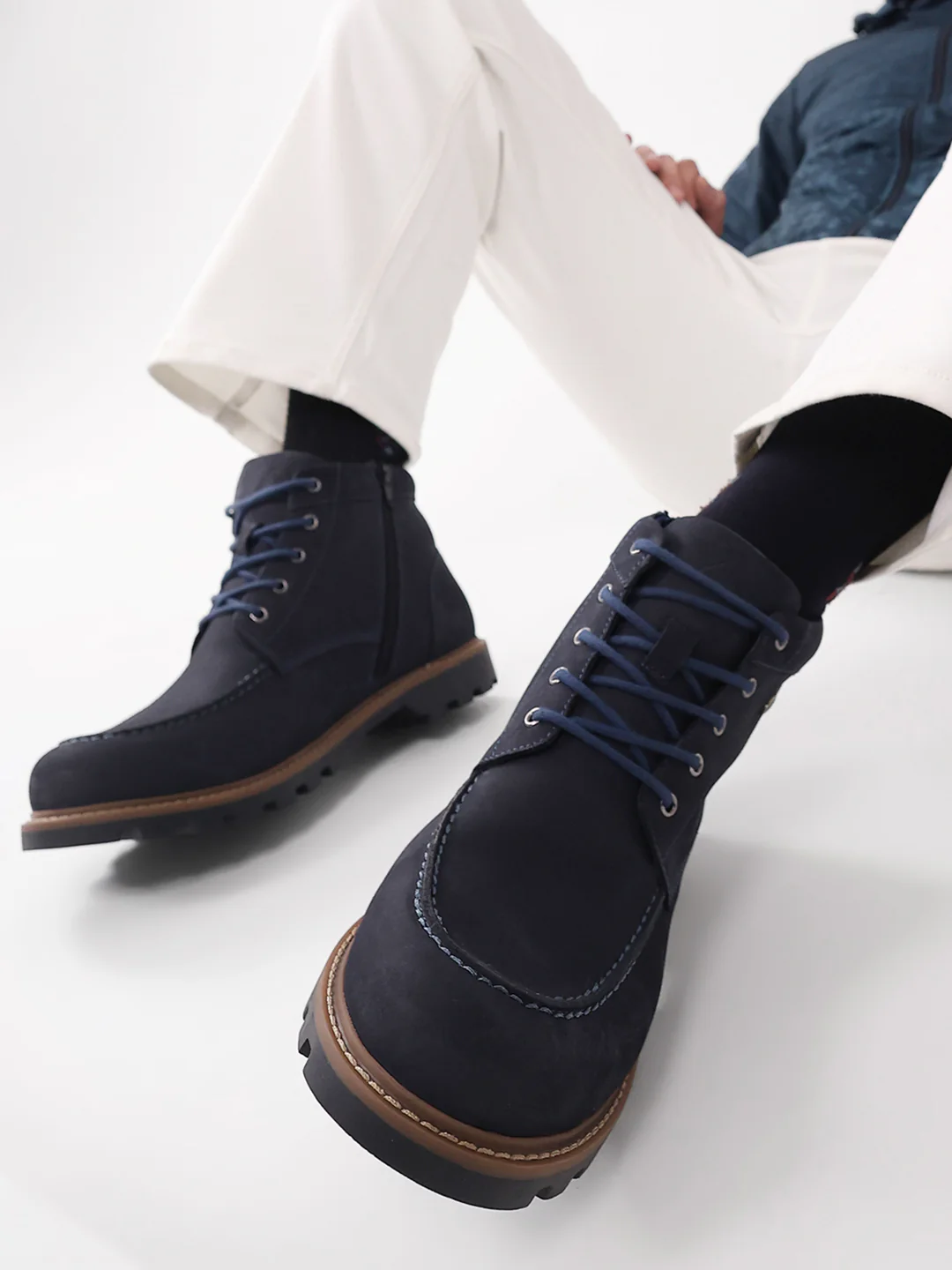 Men Navy Blue Genuine Leather Lace Up Boots - Image 10