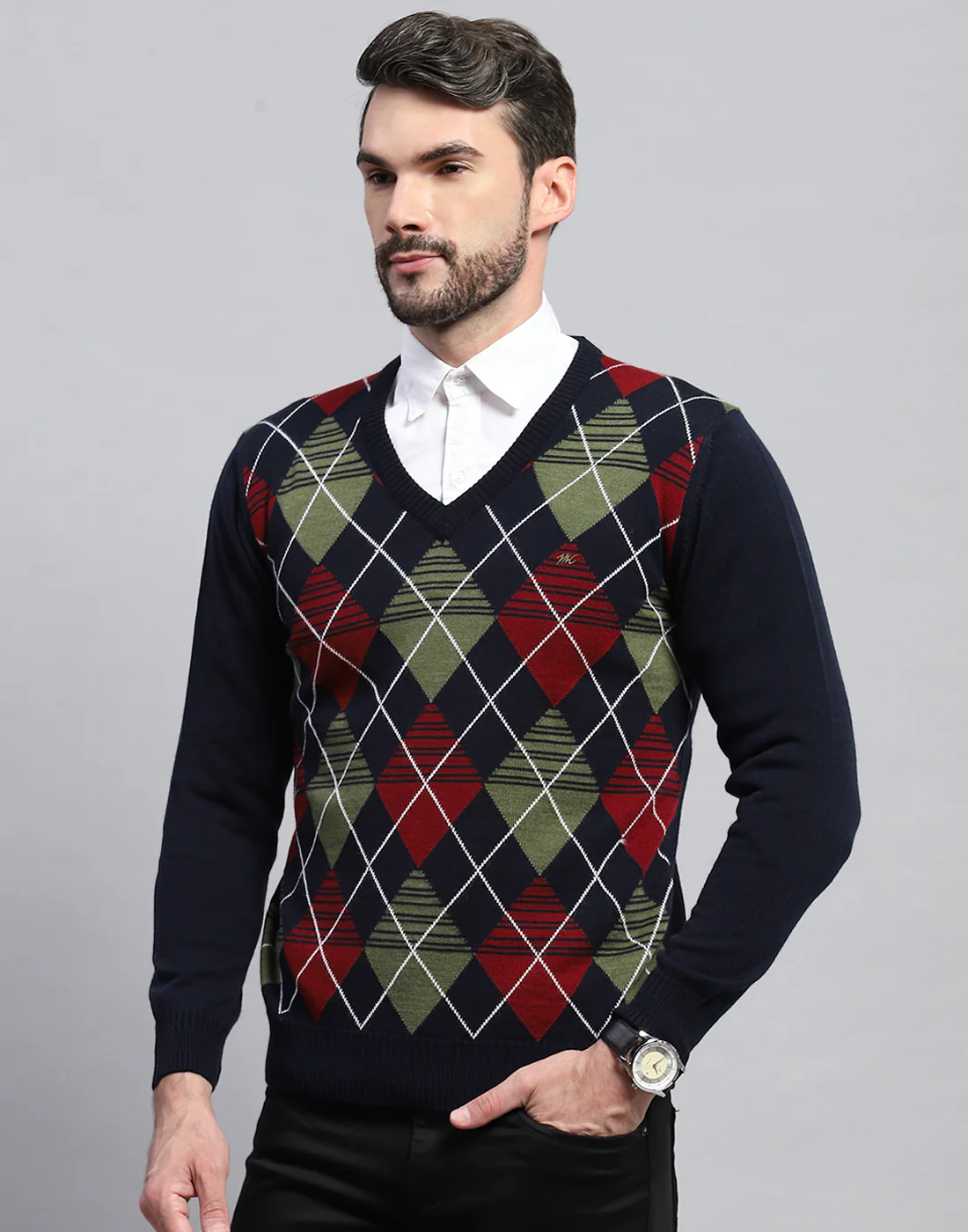 Men Navy Blue Geometric V Neck Full Sleeve Pullover - Image 4