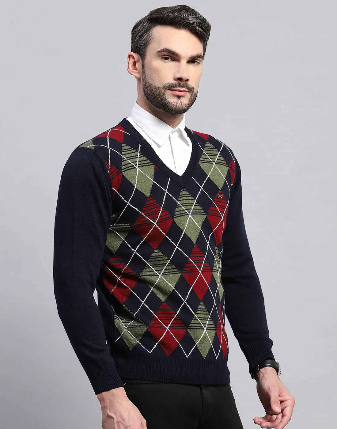Men Navy Blue Geometric V Neck Full Sleeve Pullover - Image 5