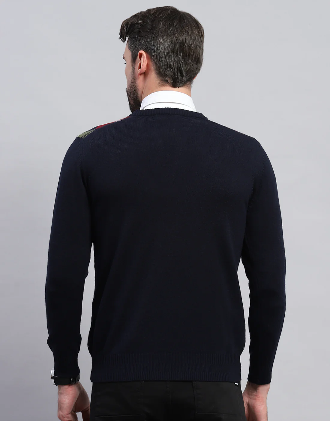 Men Navy Blue Geometric V Neck Full Sleeve Pullover - Image 6