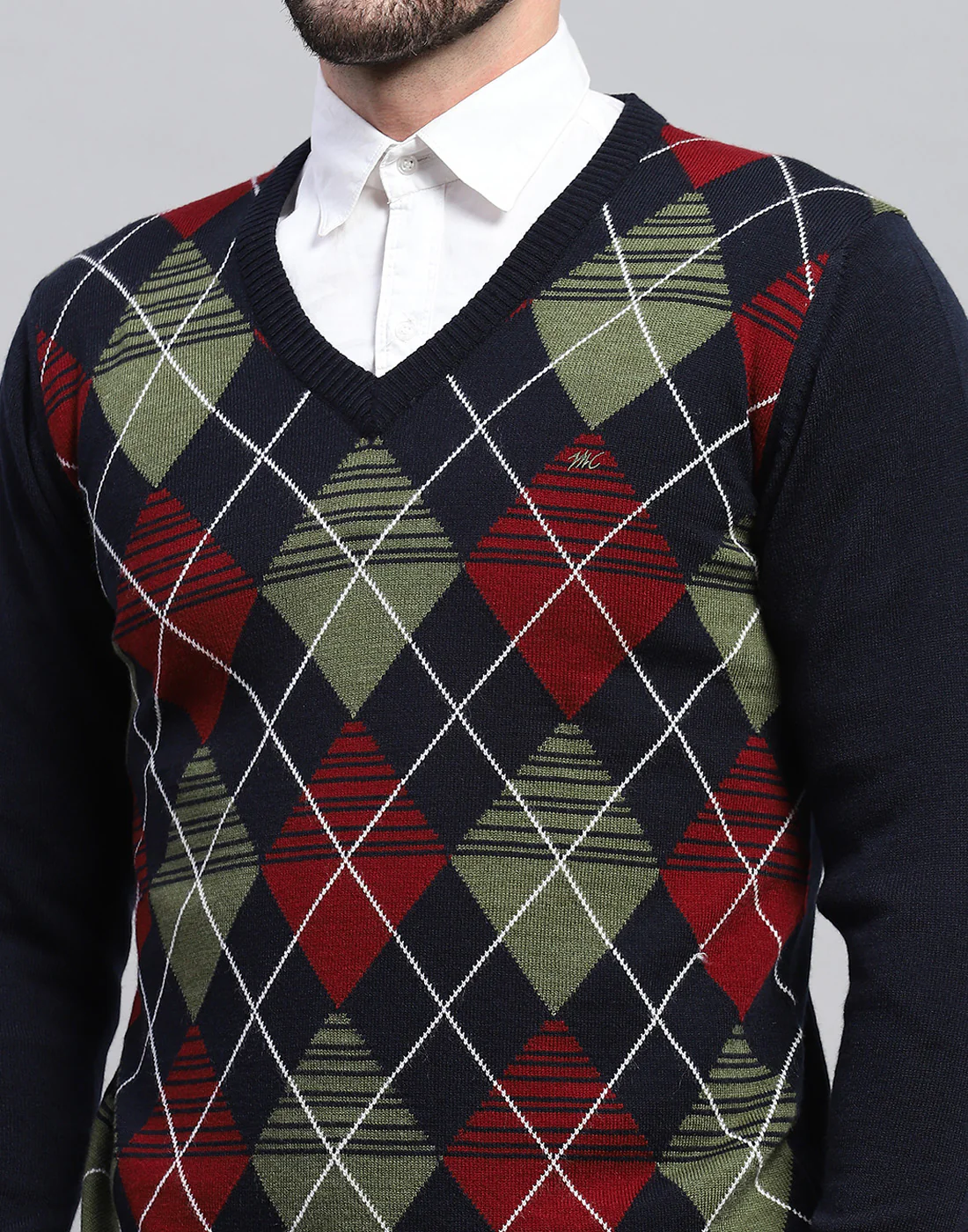 Men Navy Blue Geometric V Neck Full Sleeve Pullover - Image 7