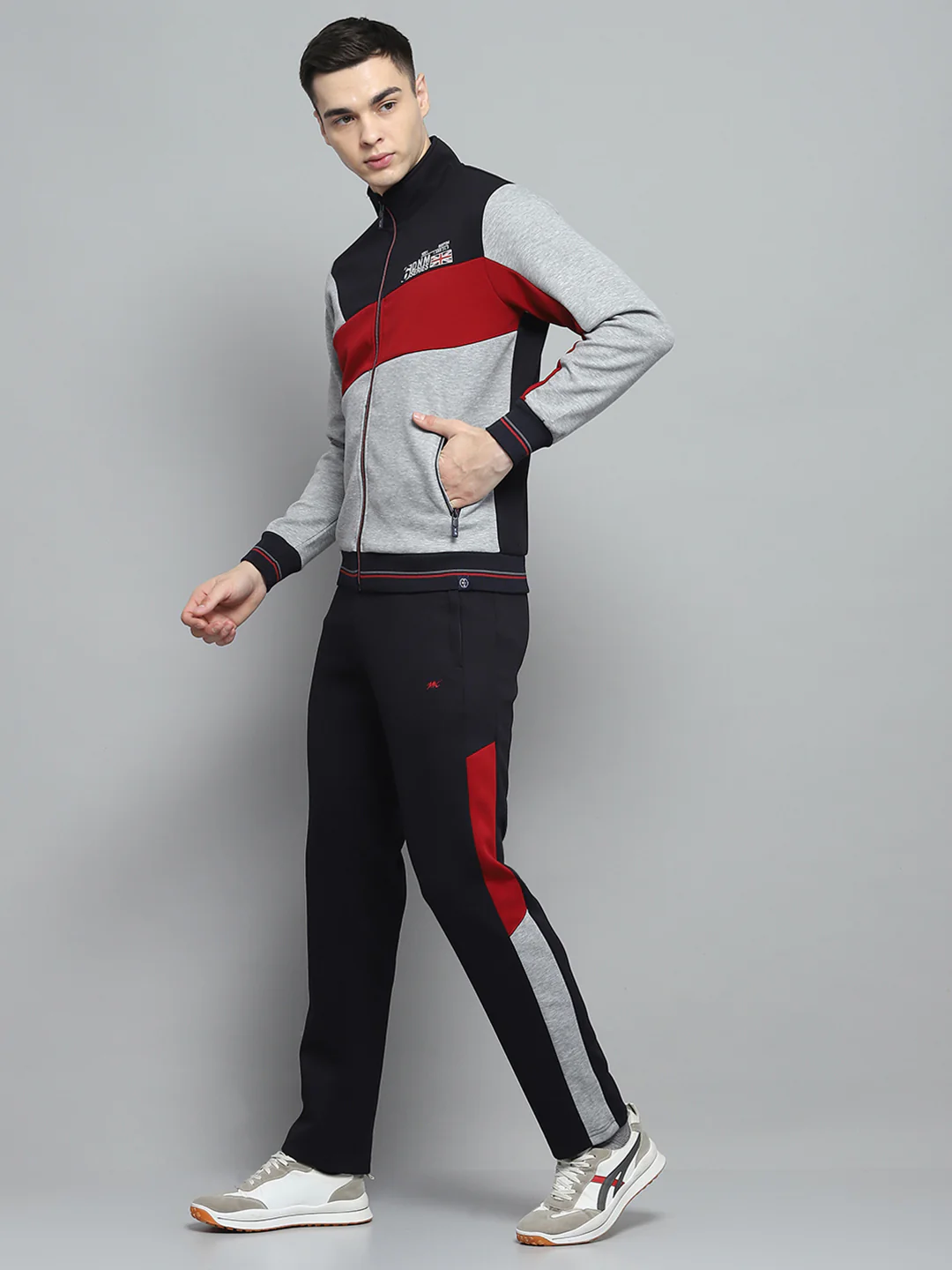 Men Navy Blue & Grey Printed Mock Neck Full Sleeve Winter Tracksuit - Image 3