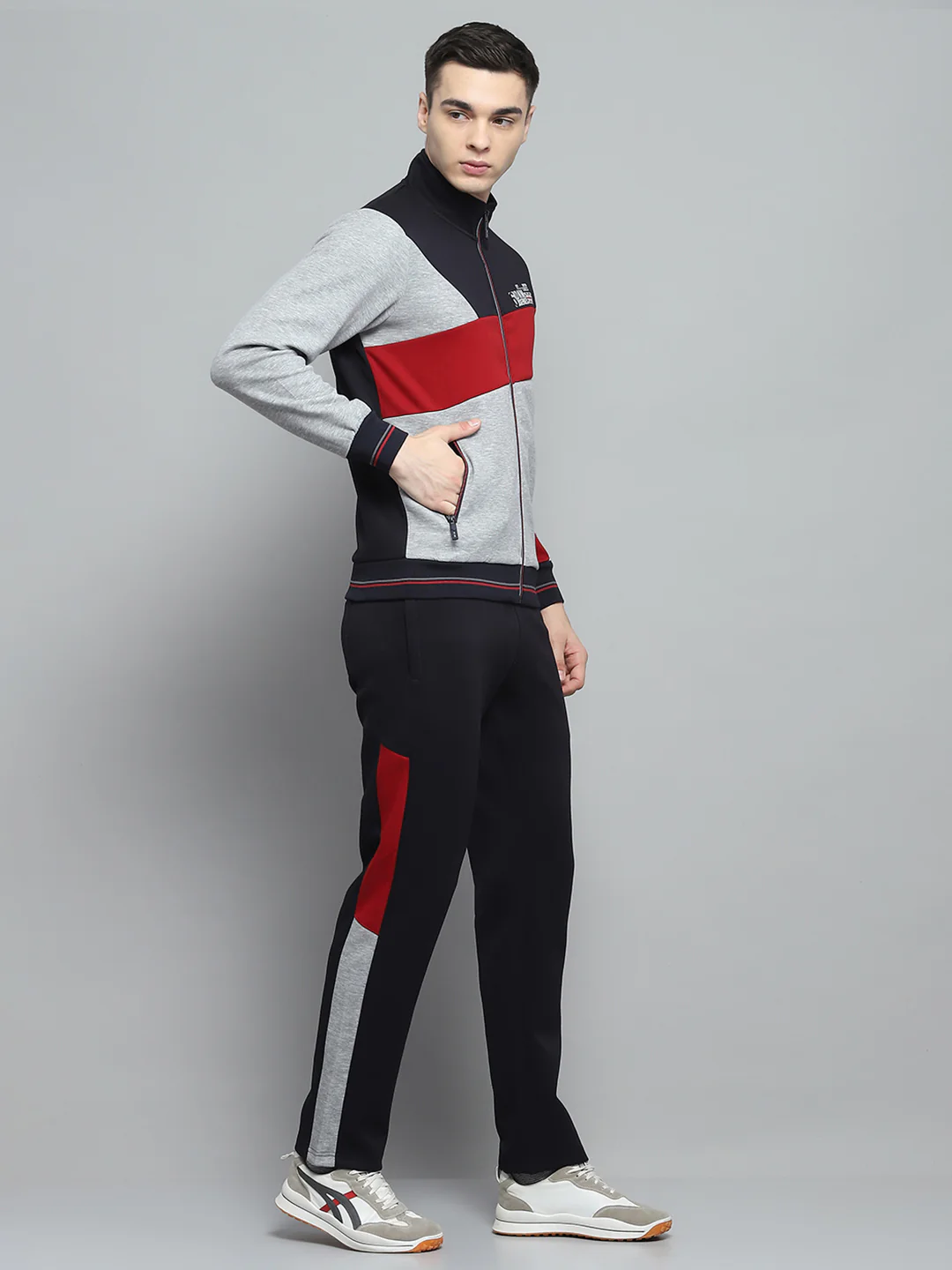 Men Navy Blue & Grey Printed Mock Neck Full Sleeve Winter Tracksuit - Image 4