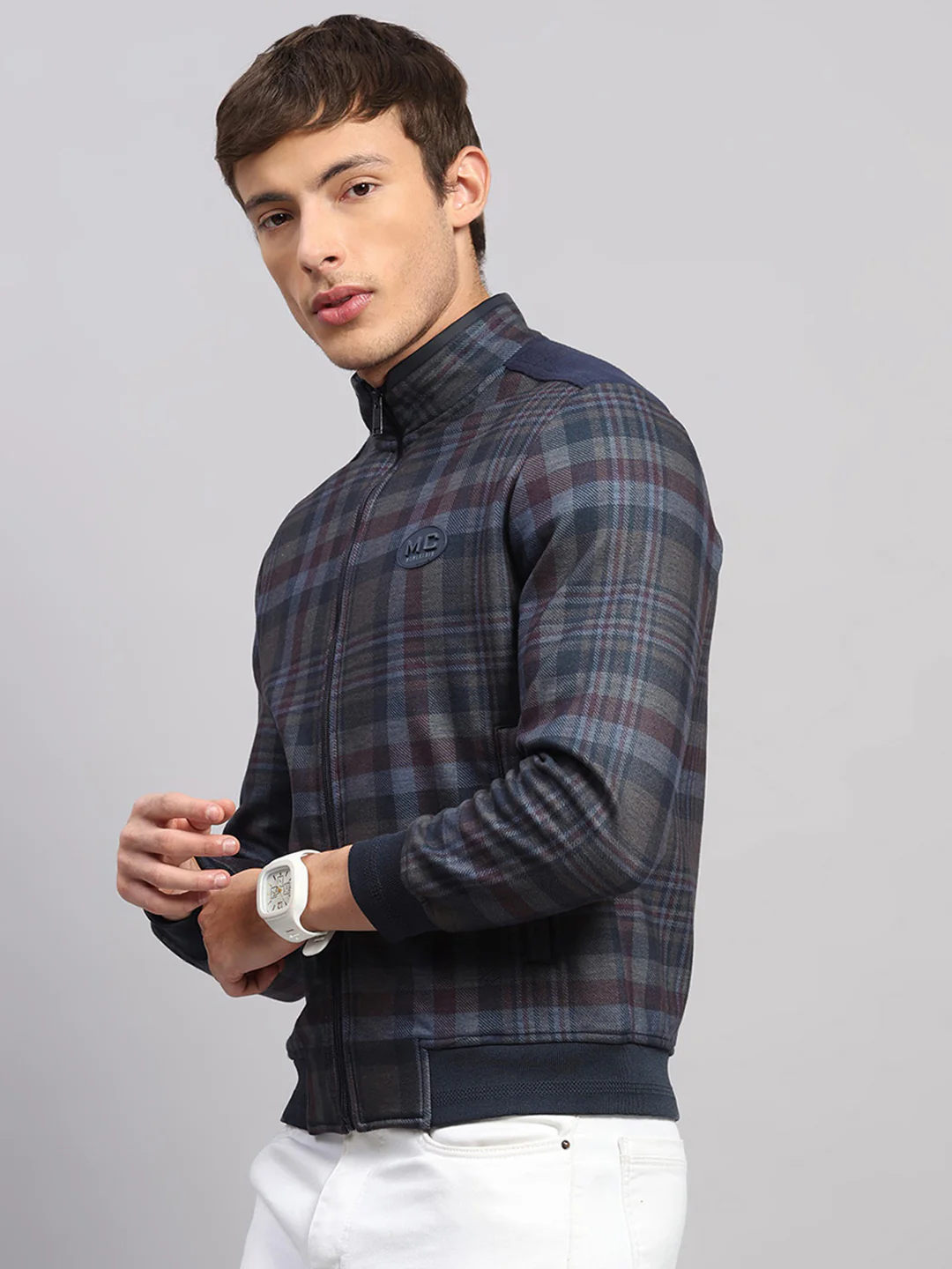 Men Navy Blue Jaquard Collar Full Sleeve Sweatshirt - Image 3