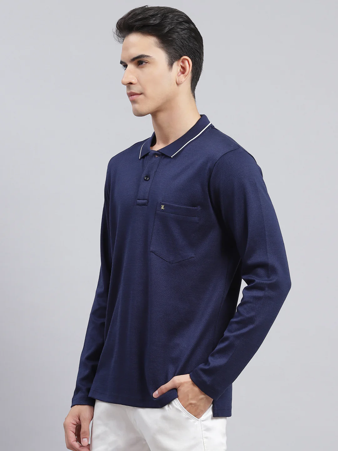 Men Navy Blue Jaquard Double Mercerized Cotton T-Shirt - Image 4