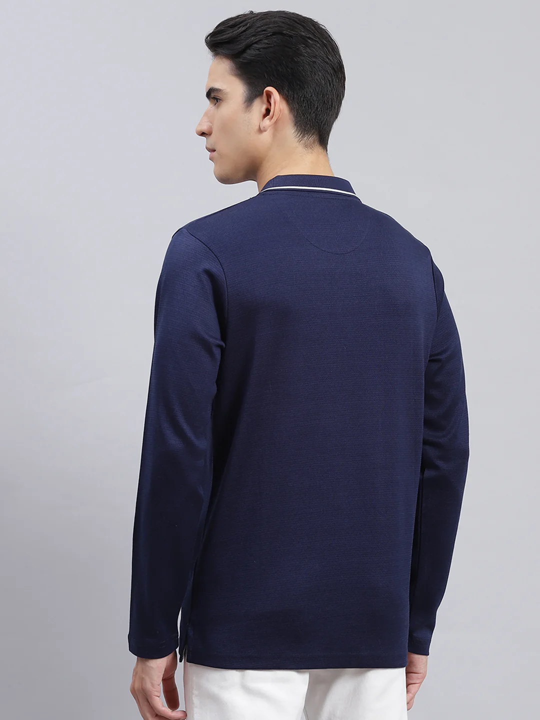 Men Navy Blue Jaquard Double Mercerized Cotton T-Shirt - Image 5