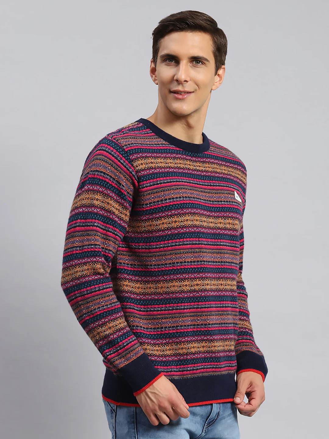 Men Navy Blue Jaquard Lamb wool Pullover - Image 4