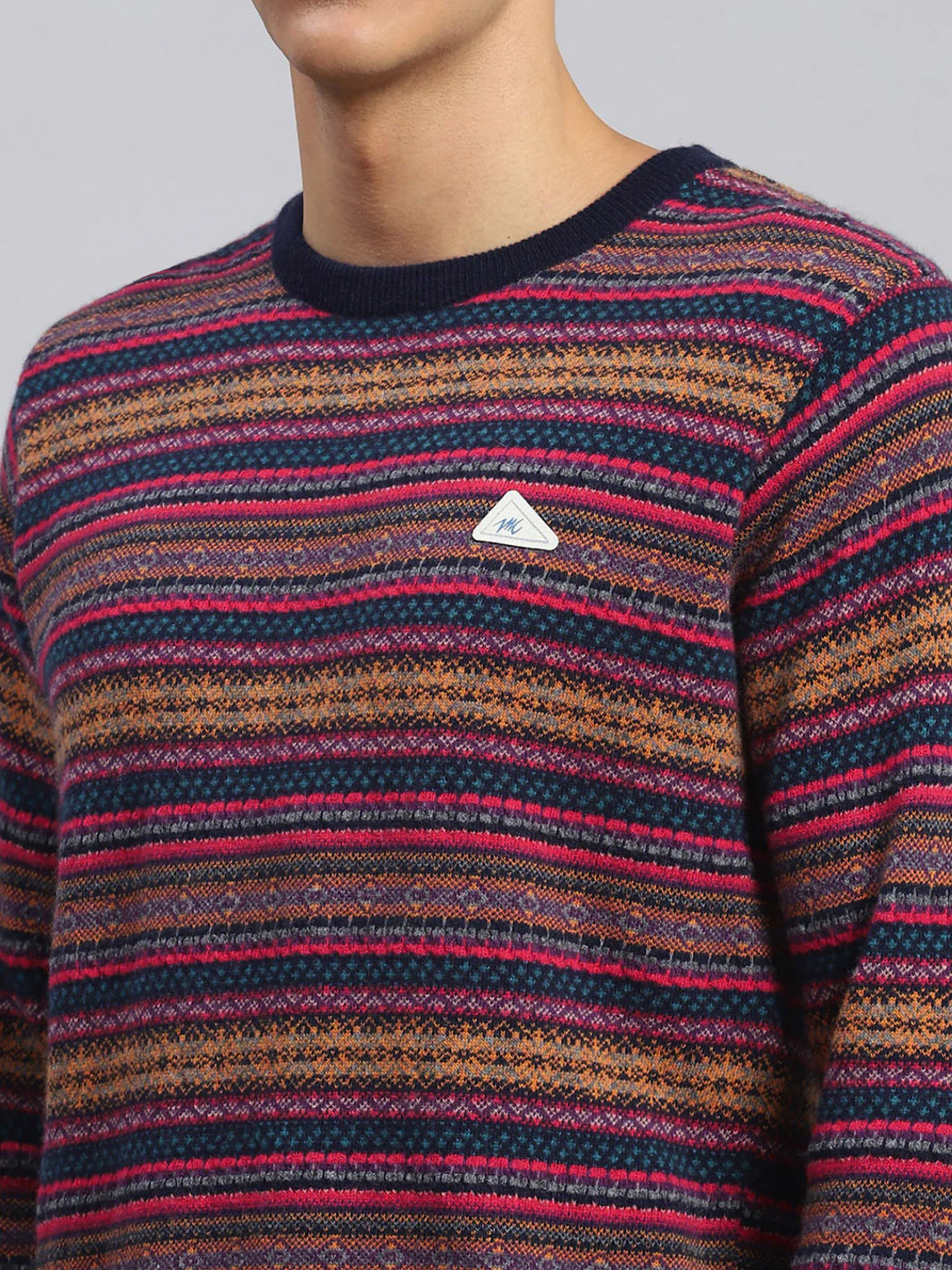 Men Navy Blue Jaquard Lamb wool Pullover - Image 6