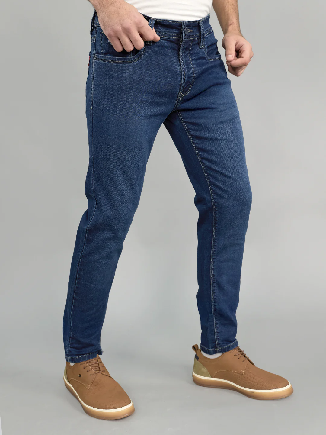 Men Navy Blue Light Wash Skinny Fit Denim - Image 2