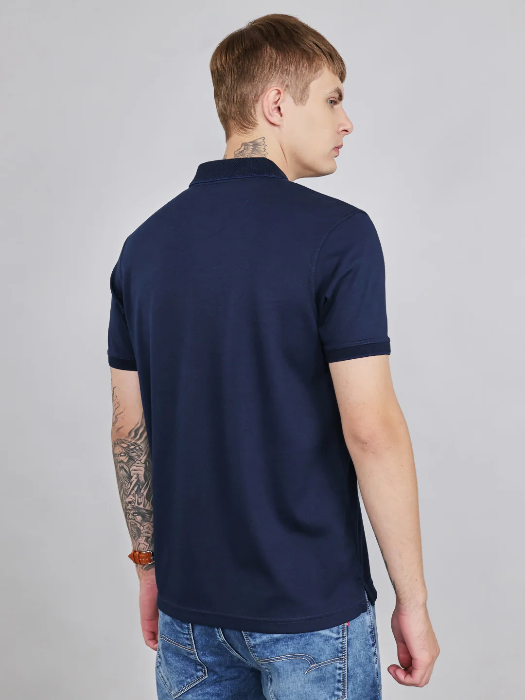 Men Navy Blue Plain Collar Half Sleeve T-Shirt - Image 4