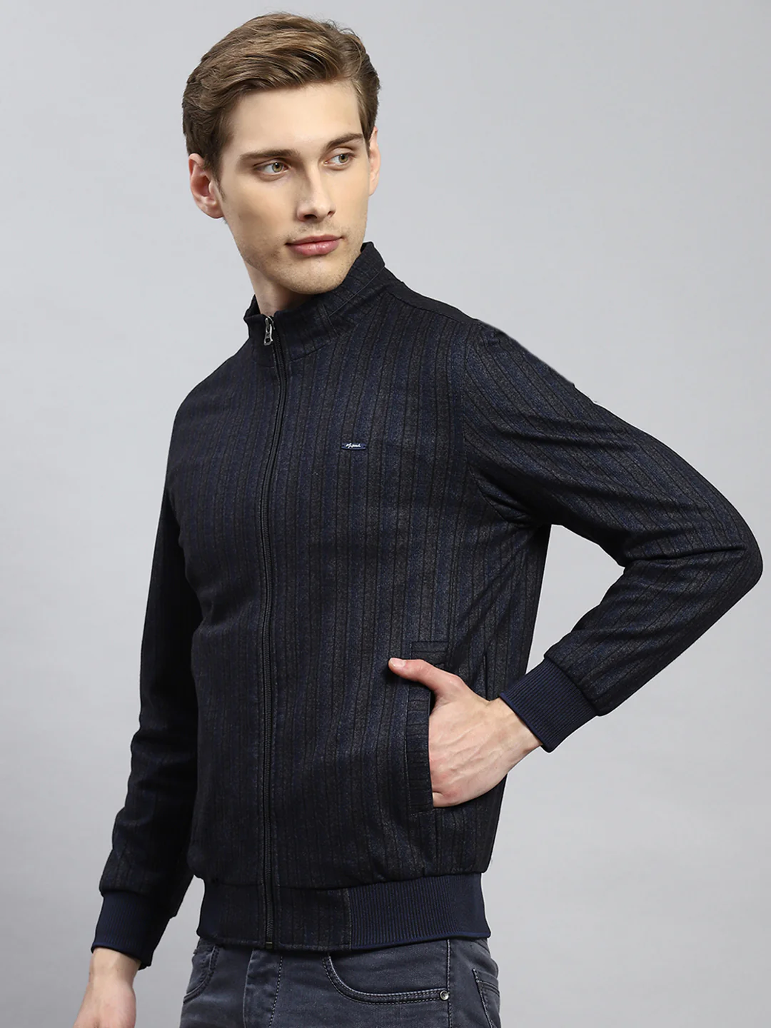 Men Navy Blue Plain Jacket - Image 4