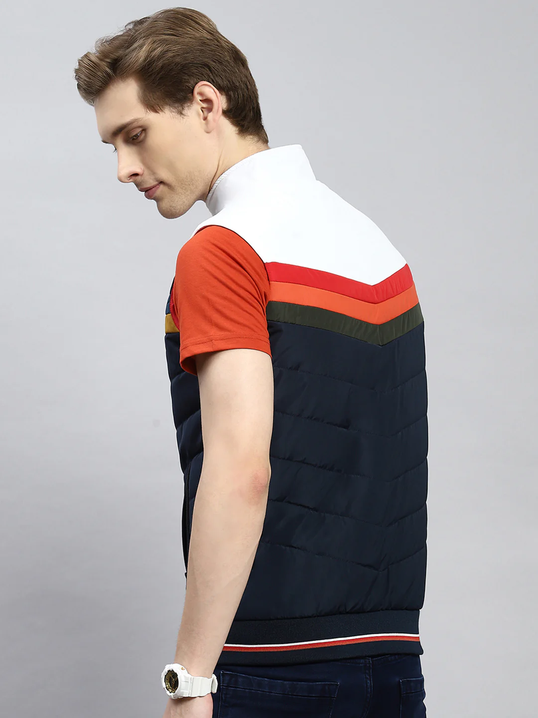 Men Navy Blue Plain Jacket - Image 5