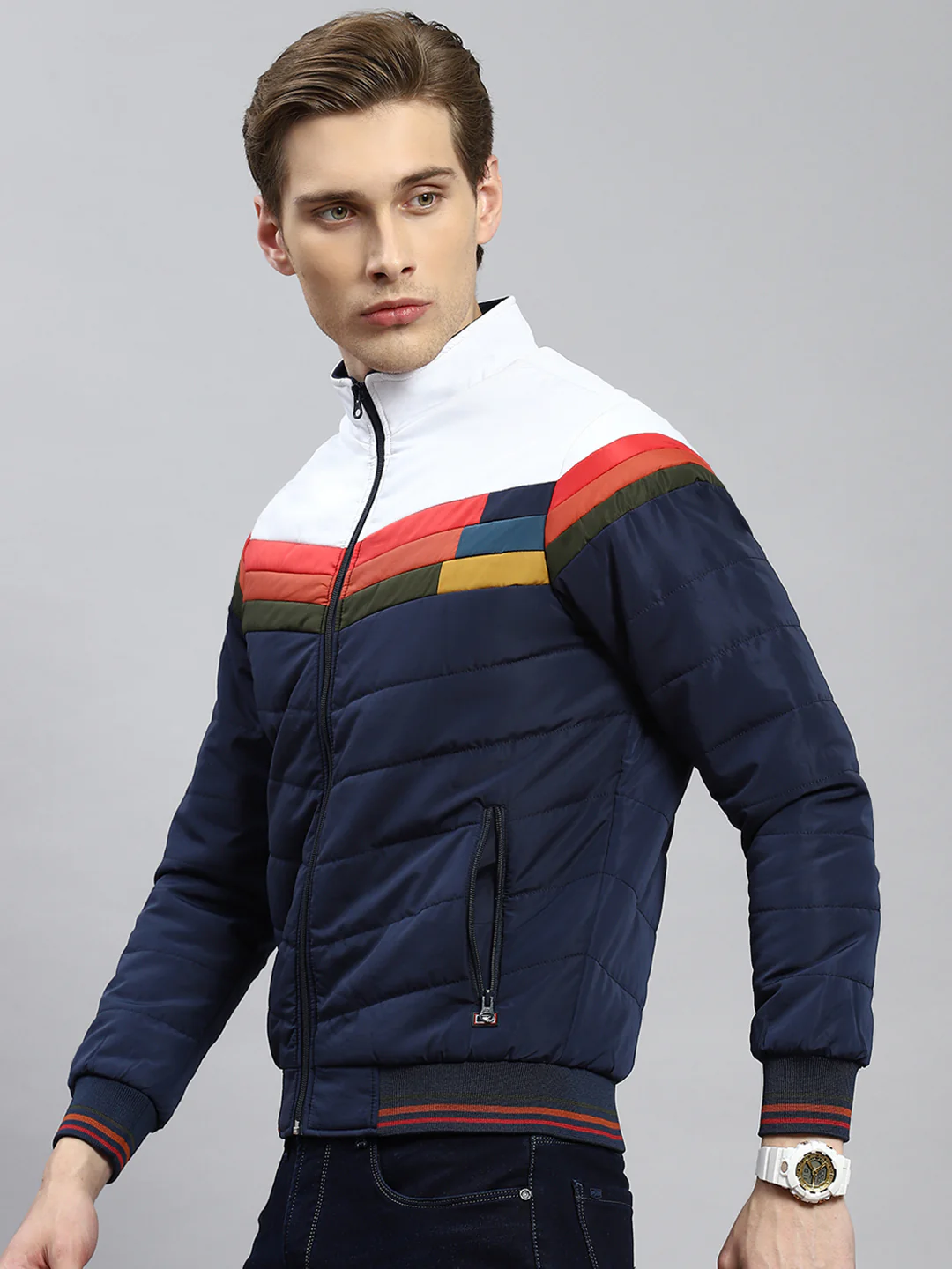Men Navy Blue Plain Jacket - Image 4