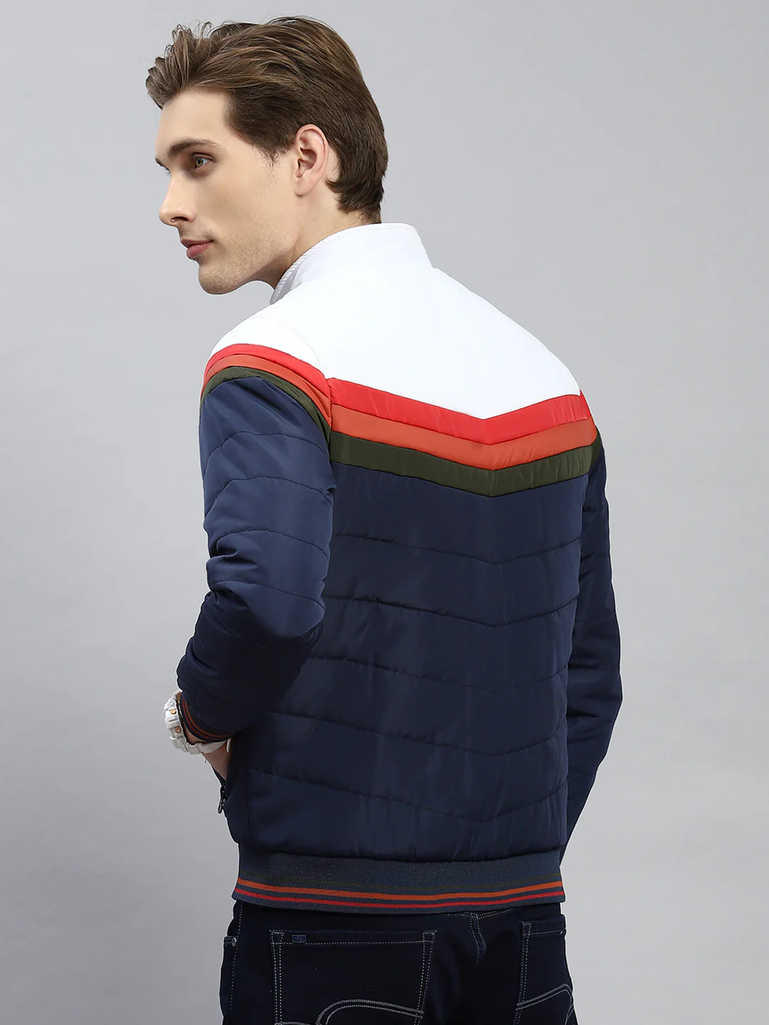 Men Navy Blue Plain Jacket - Image 5