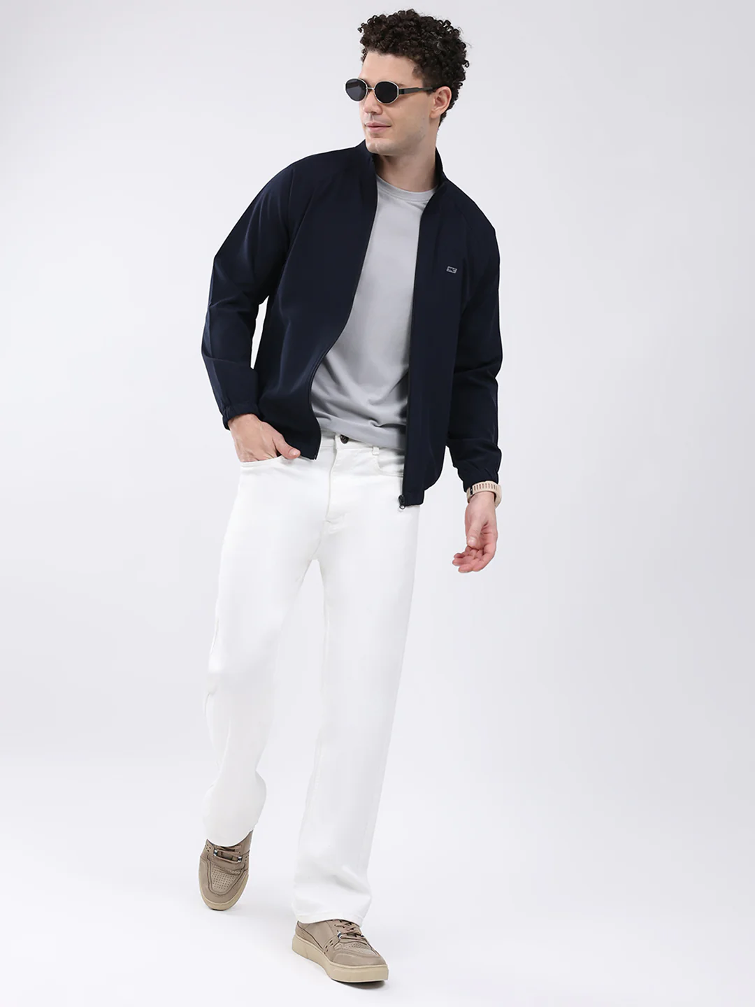 Men Navy Blue Printed Collar Full Sleeve Jacket - Image 2