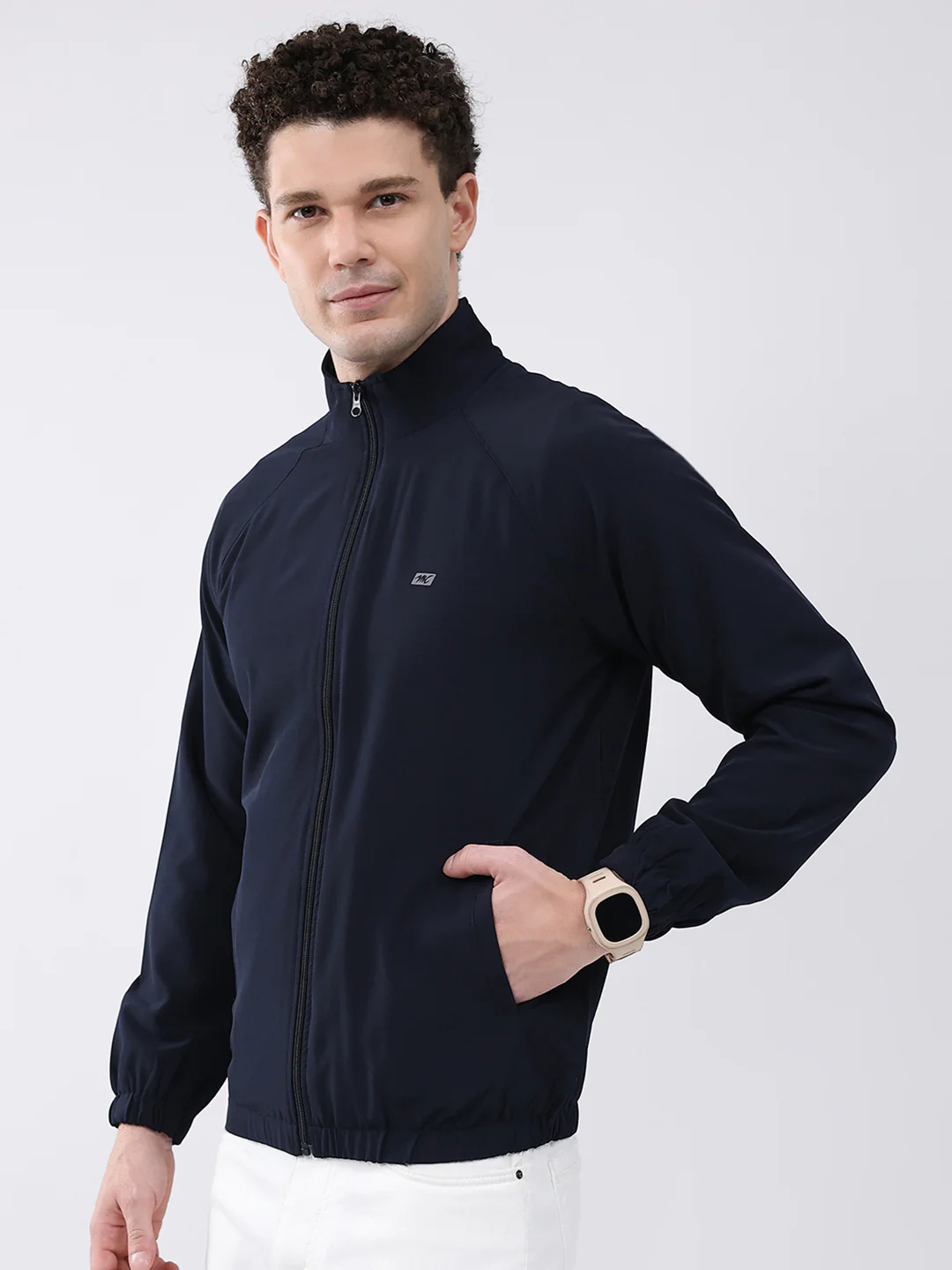 Men Navy Blue Printed Collar Full Sleeve Jacket - Image 3