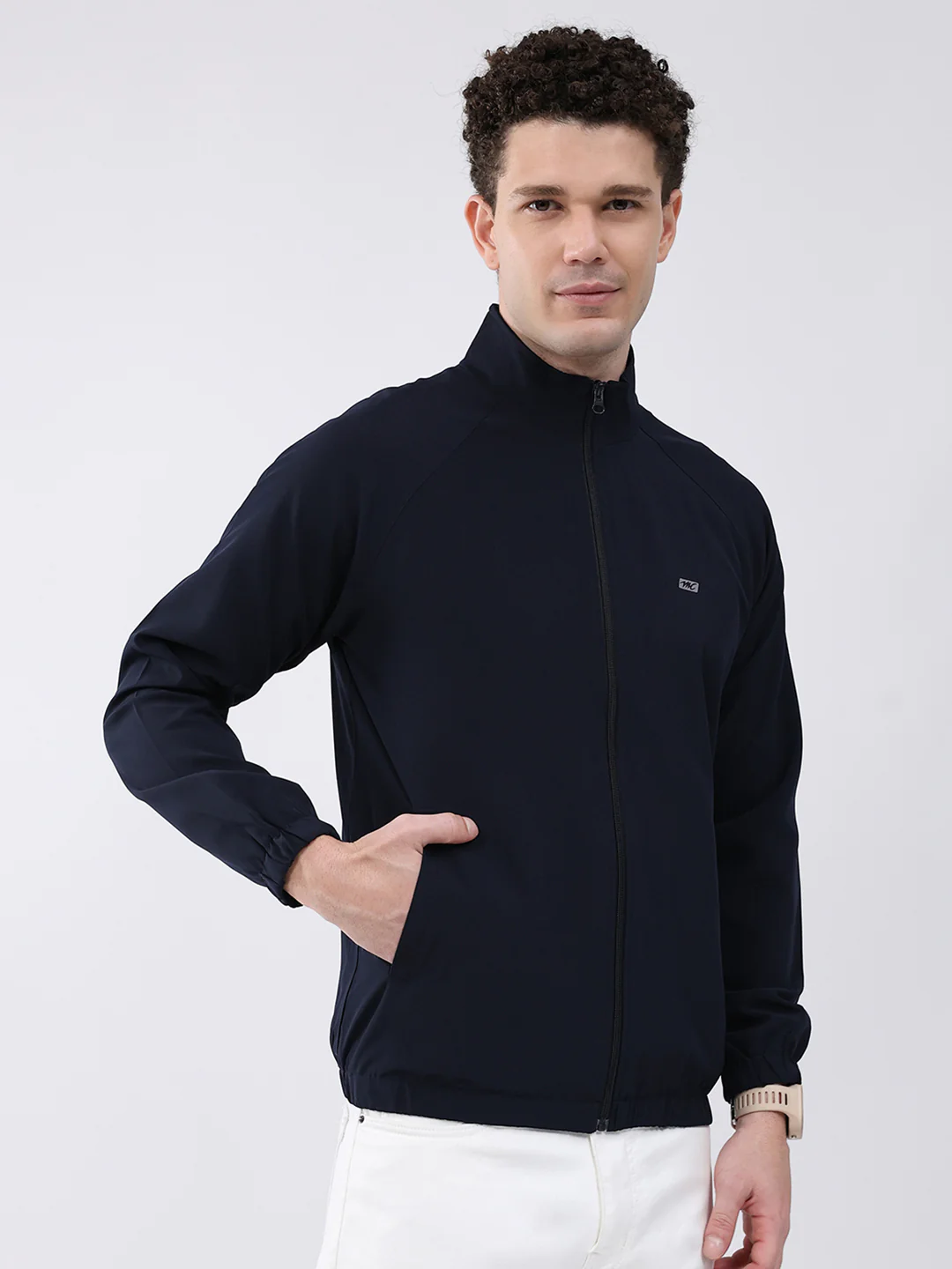 Men Navy Blue Printed Collar Full Sleeve Jacket - Image 4