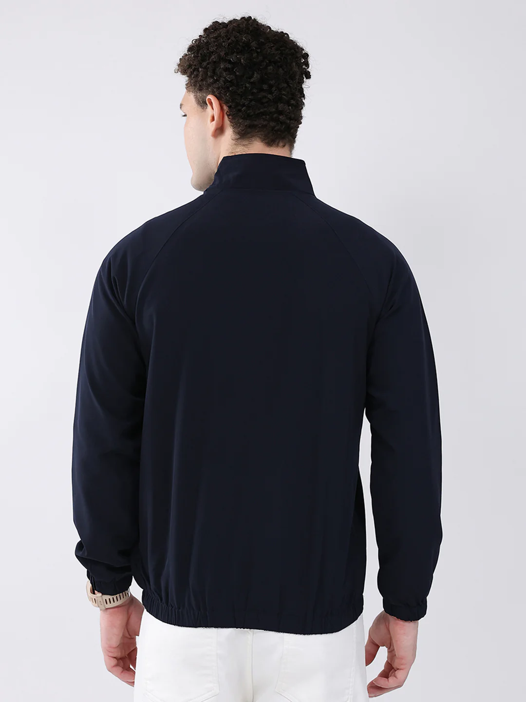 Men Navy Blue Printed Collar Full Sleeve Jacket - Image 5