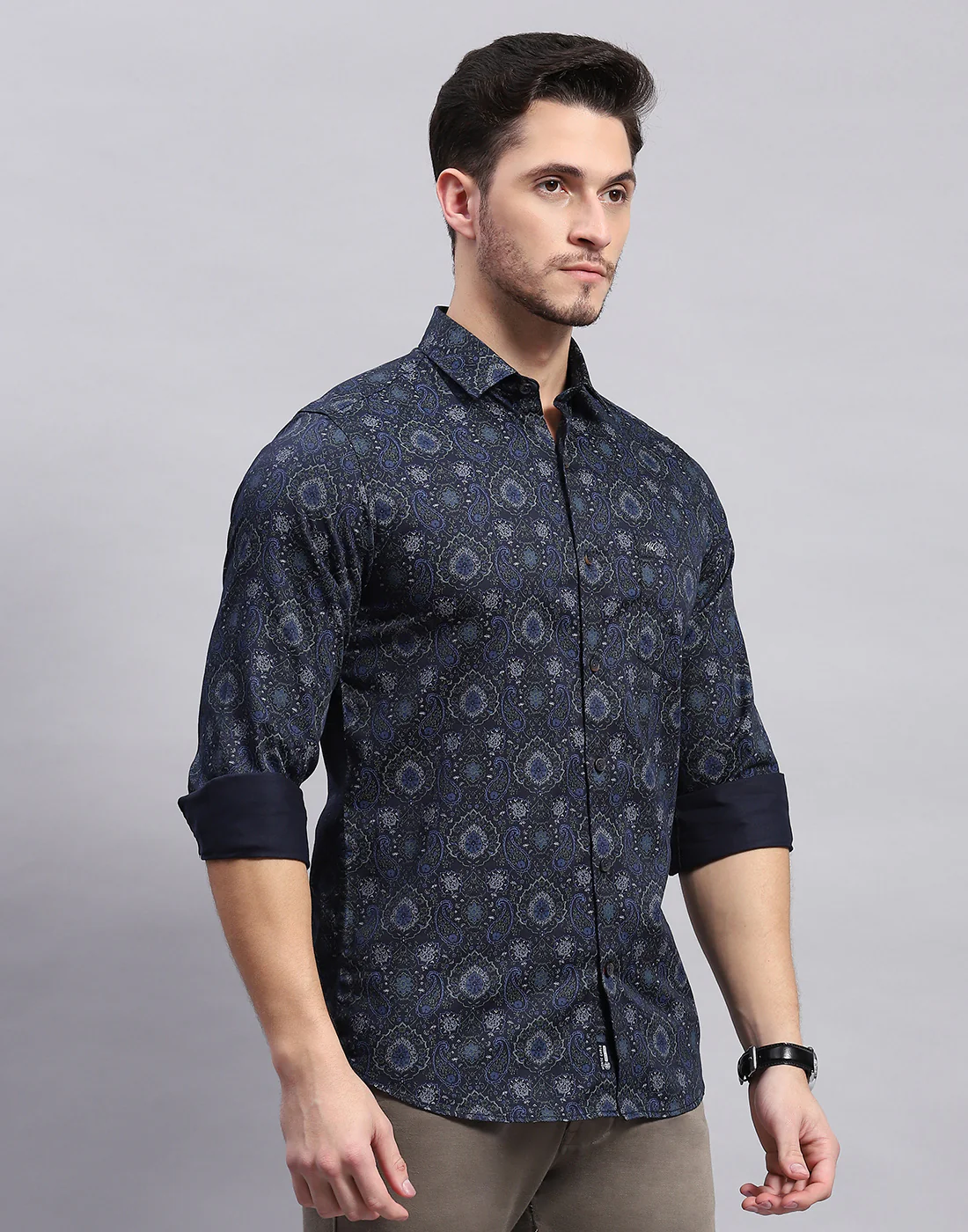 Men Navy Blue Printed Collar Full Sleeve Shirt - Image 4