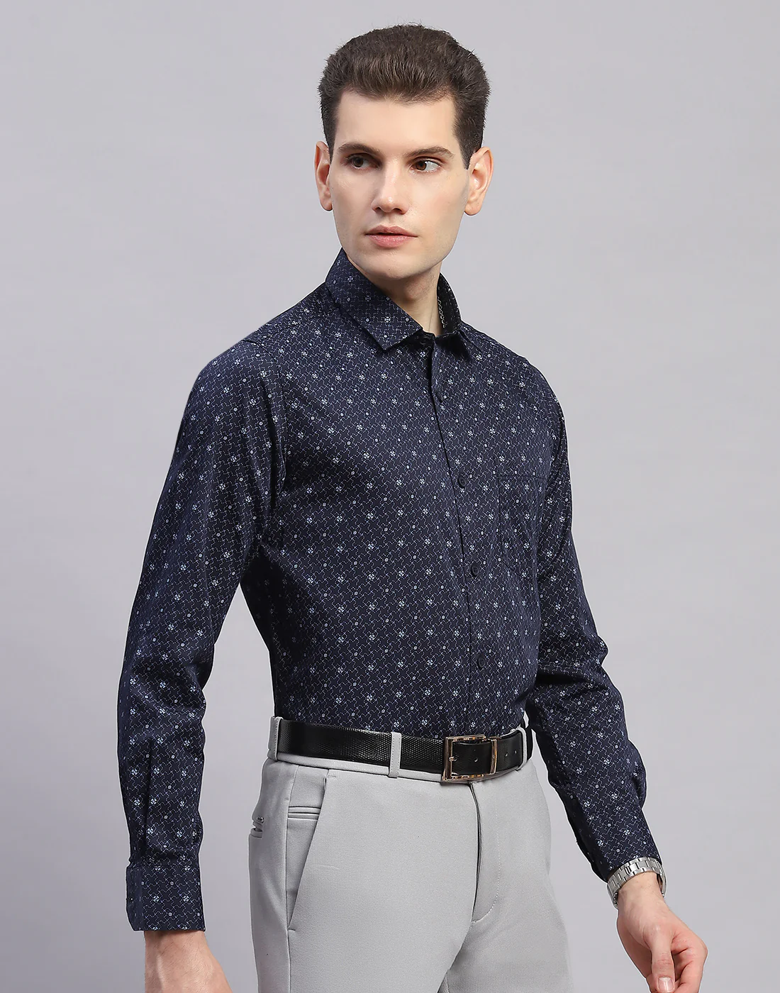 Men Navy Blue Printed Collar Full Sleeve Shirt - Image 4