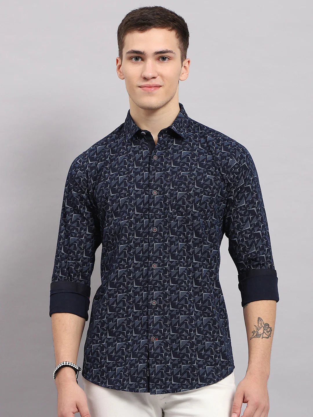 Men Navy Blue Printed Collar Full Sleeve Shirt - Image 2