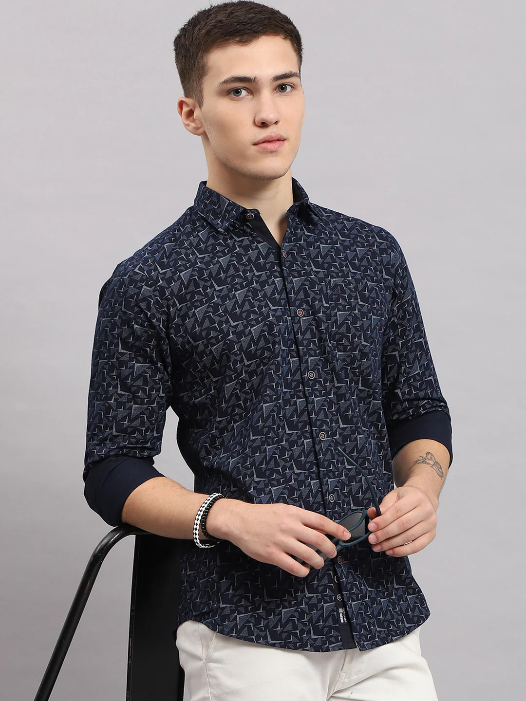 Men Navy Blue Printed Collar Full Sleeve Shirt - Image 6