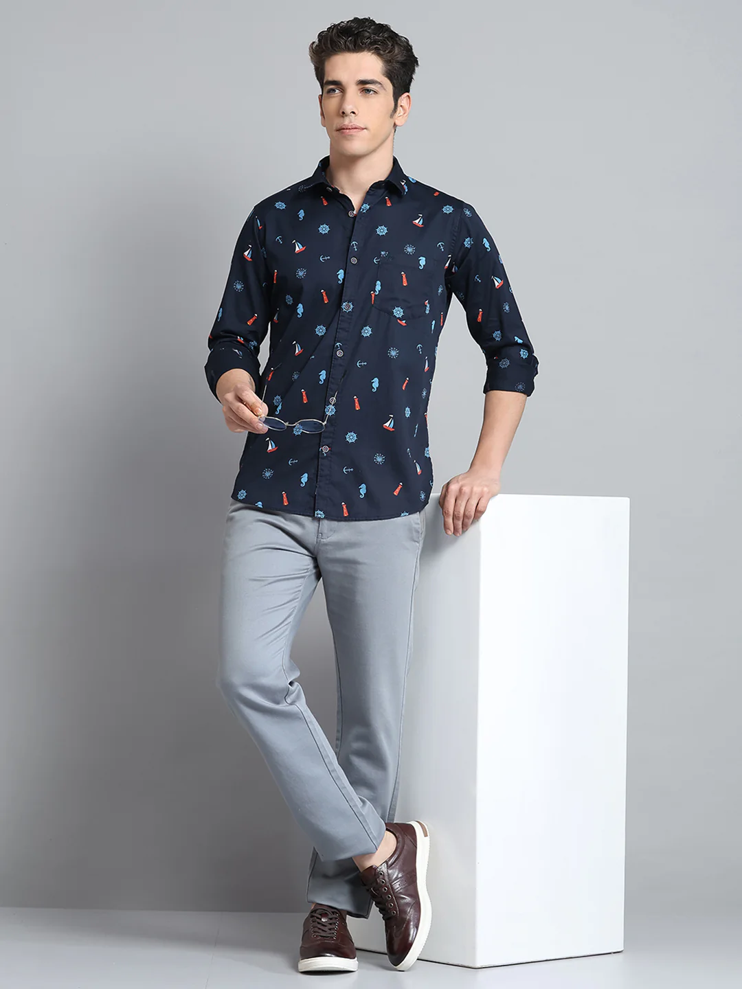 Men Navy Blue Printed Collar Full Sleeve Shirt - Image 2