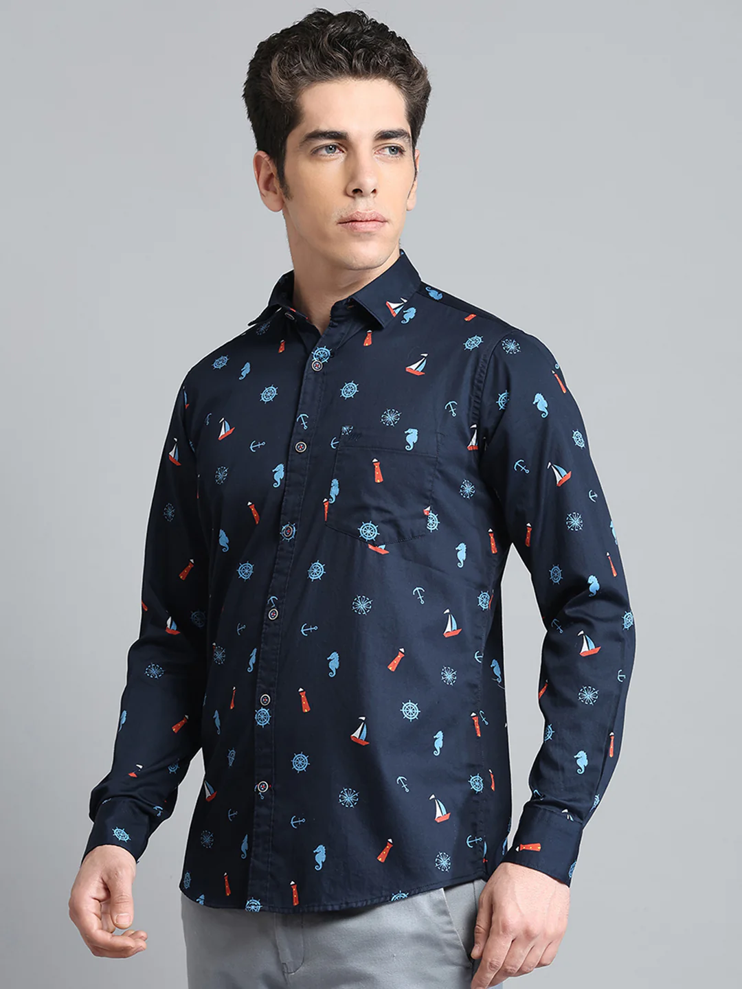 Men Navy Blue Printed Collar Full Sleeve Shirt - Image 3