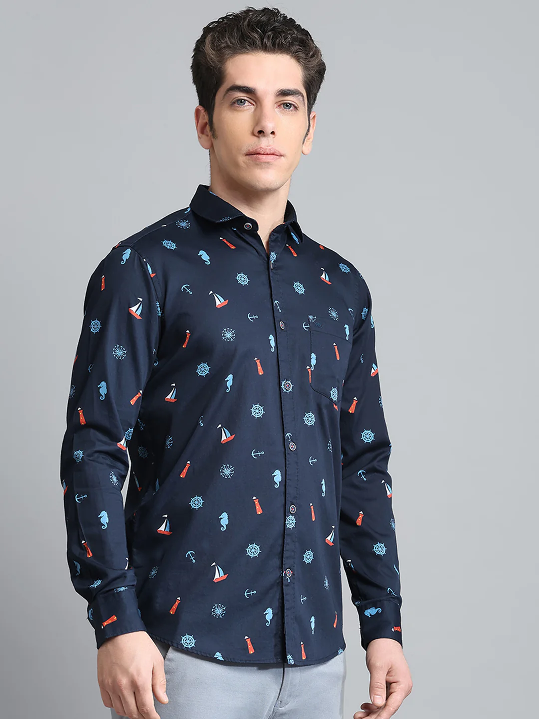 Men Navy Blue Printed Collar Full Sleeve Shirt - Image 4