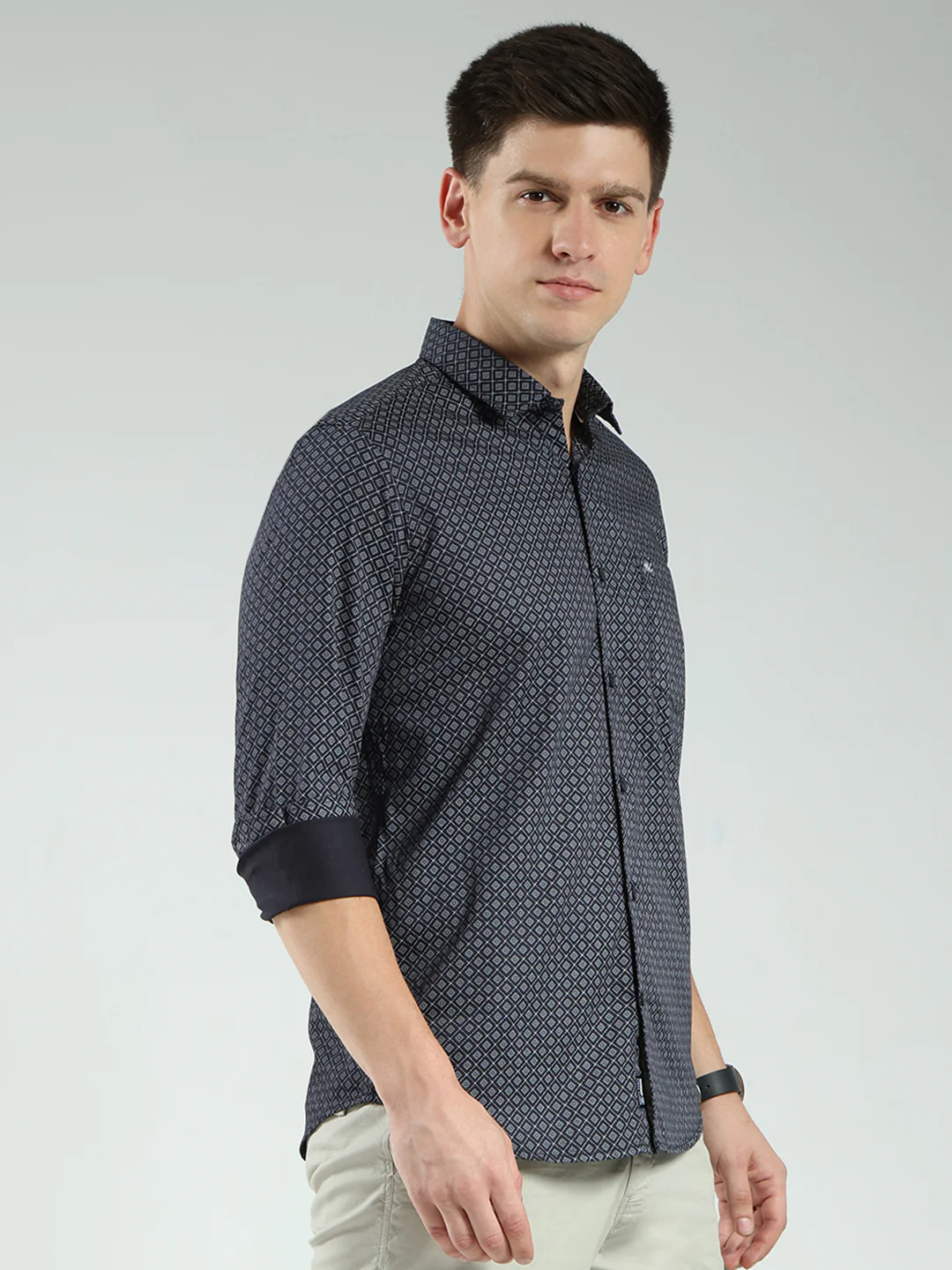 Men Navy Blue Printed Collar Full Sleeve Shirt - Image 4