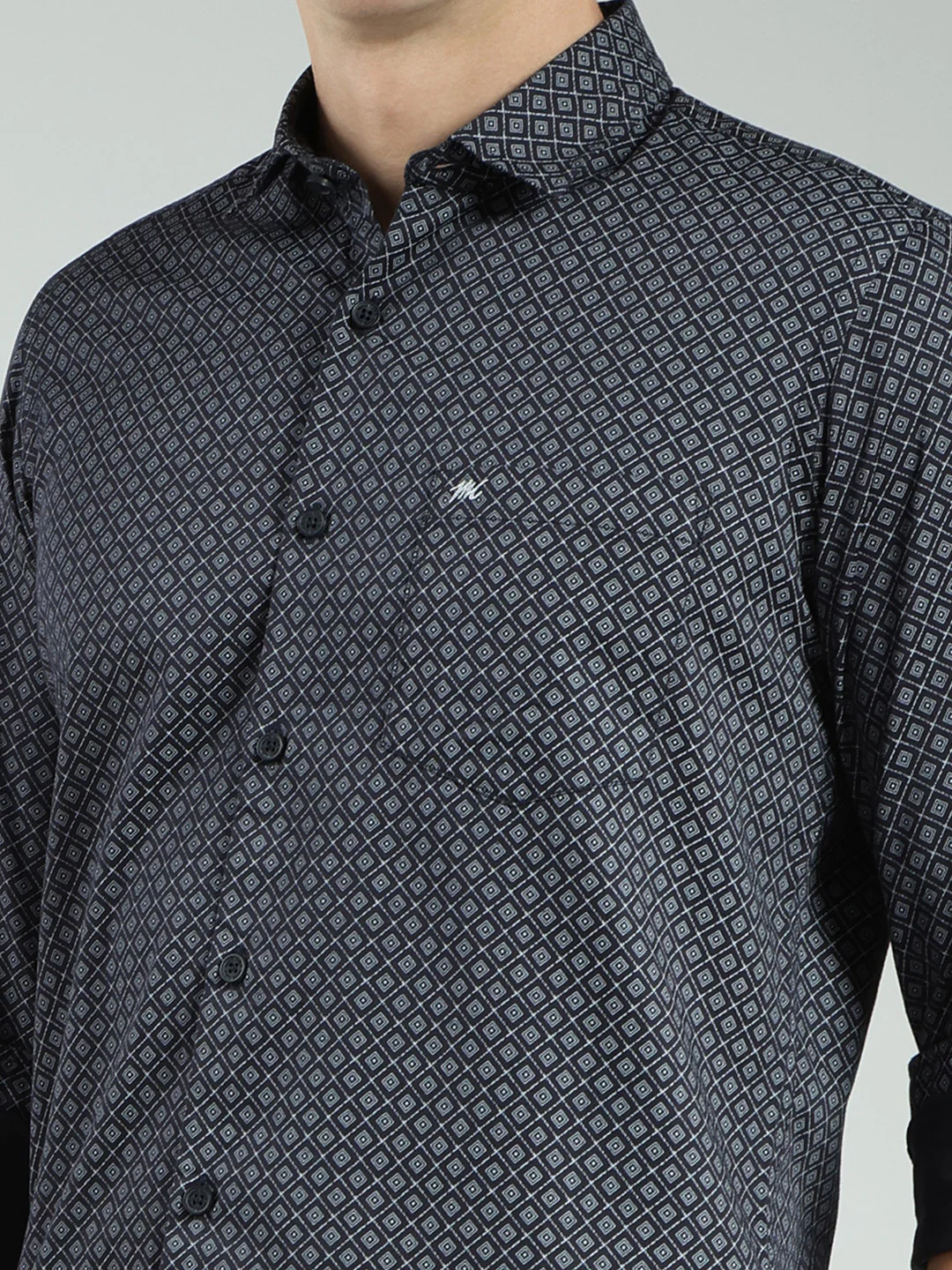 Men Navy Blue Printed Collar Full Sleeve Shirt - Image 6