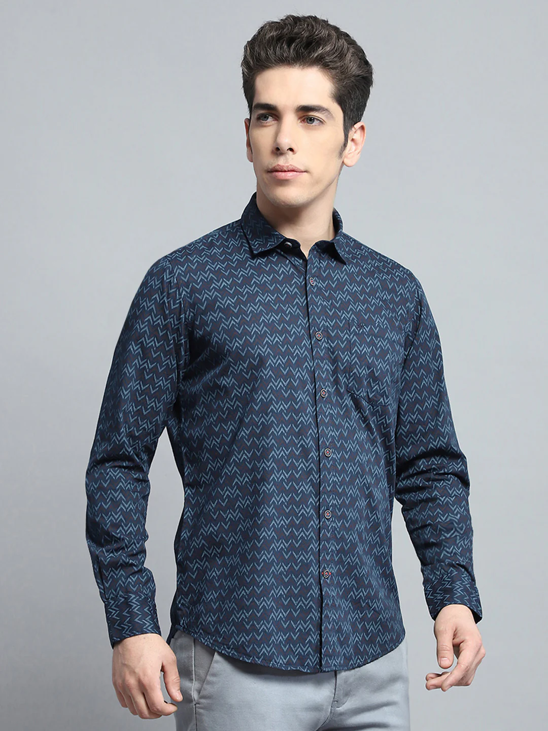 Men Navy Blue Printed Collar Full Sleeve Shirt - Image 4