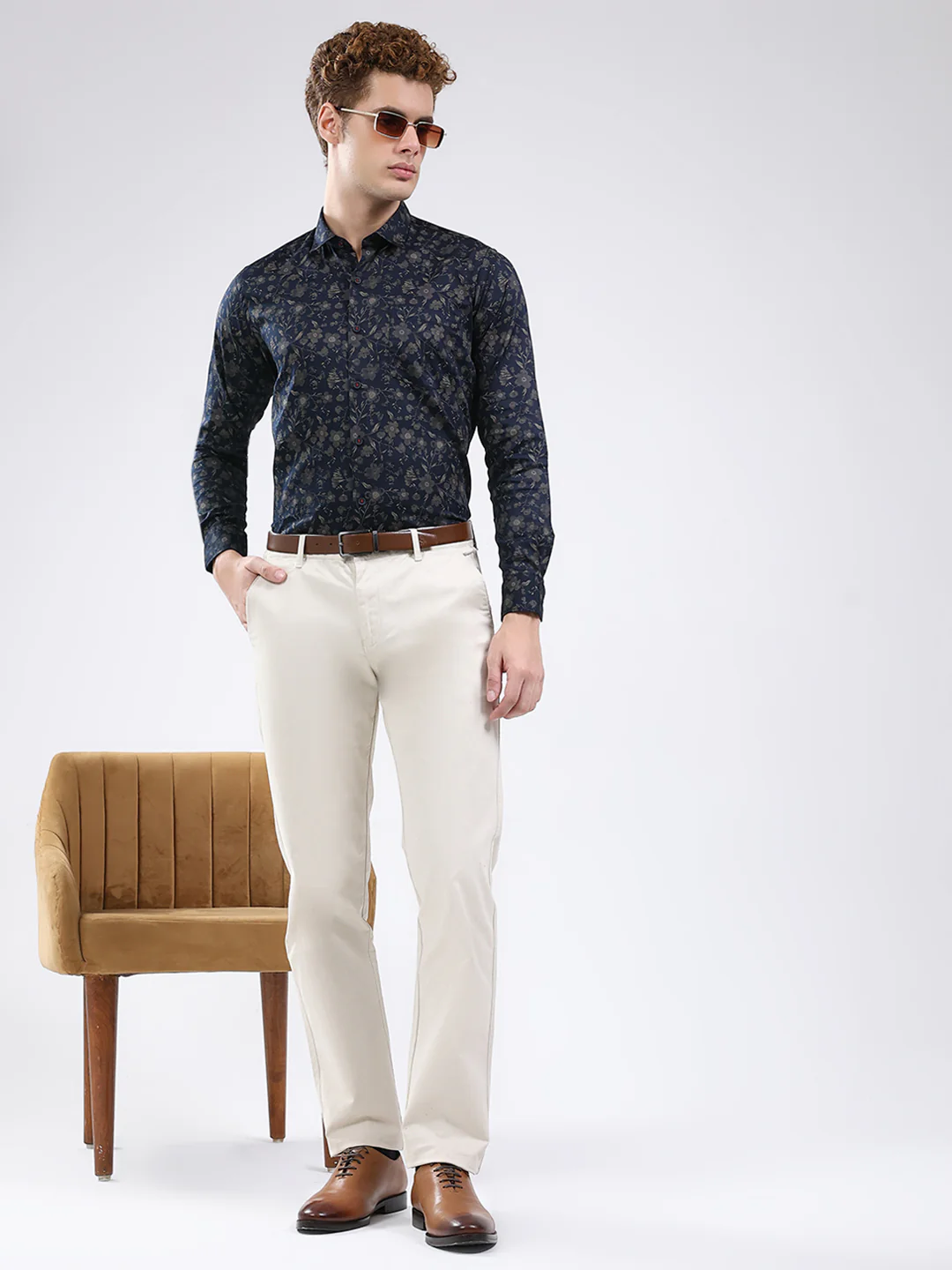 Men Navy Blue Printed Collar Full Sleeve Shirt - Image 2