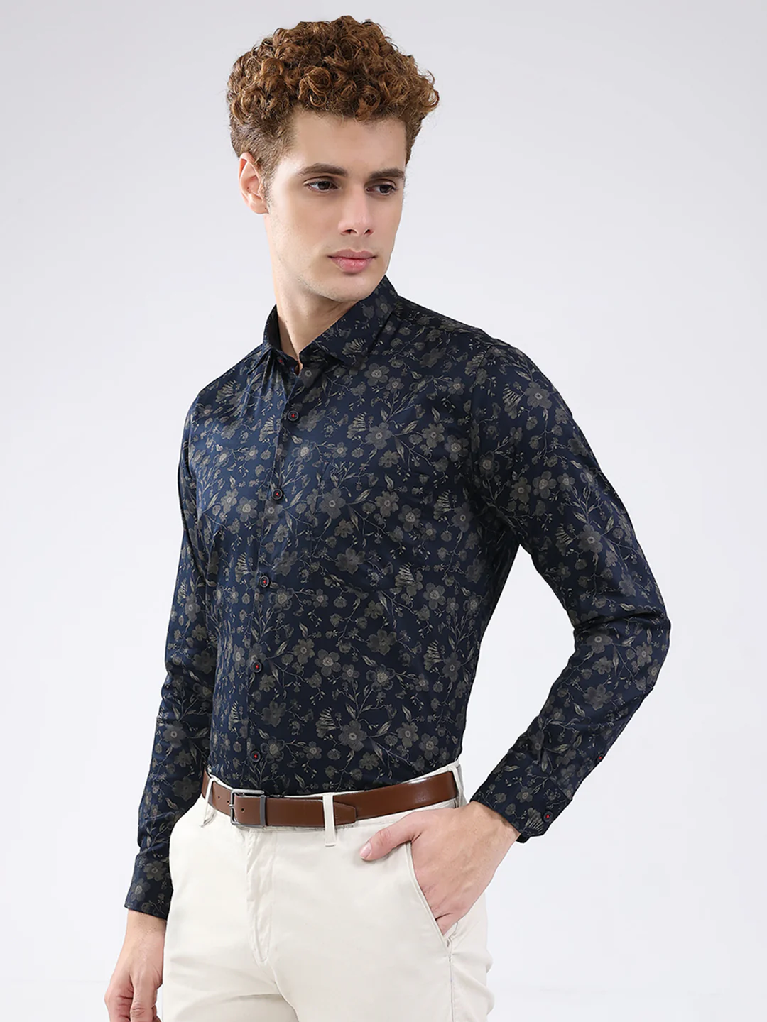Men Navy Blue Printed Collar Full Sleeve Shirt - Image 3