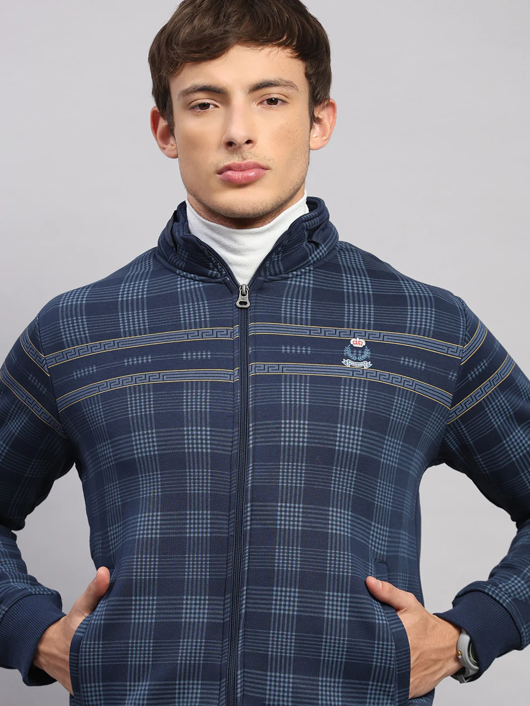 Men Navy Blue Printed Collar Full Sleeve Sweatshirt - Image 6