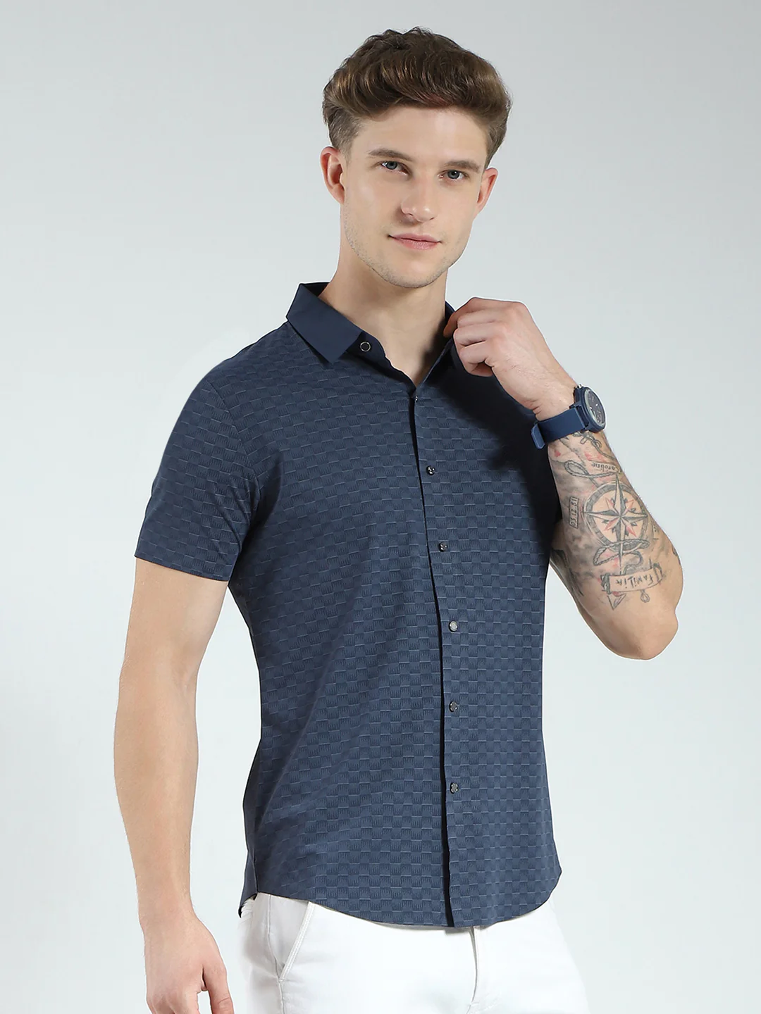 Men Navy Blue Printed Collar Half Sleeve Shirt - Image 4