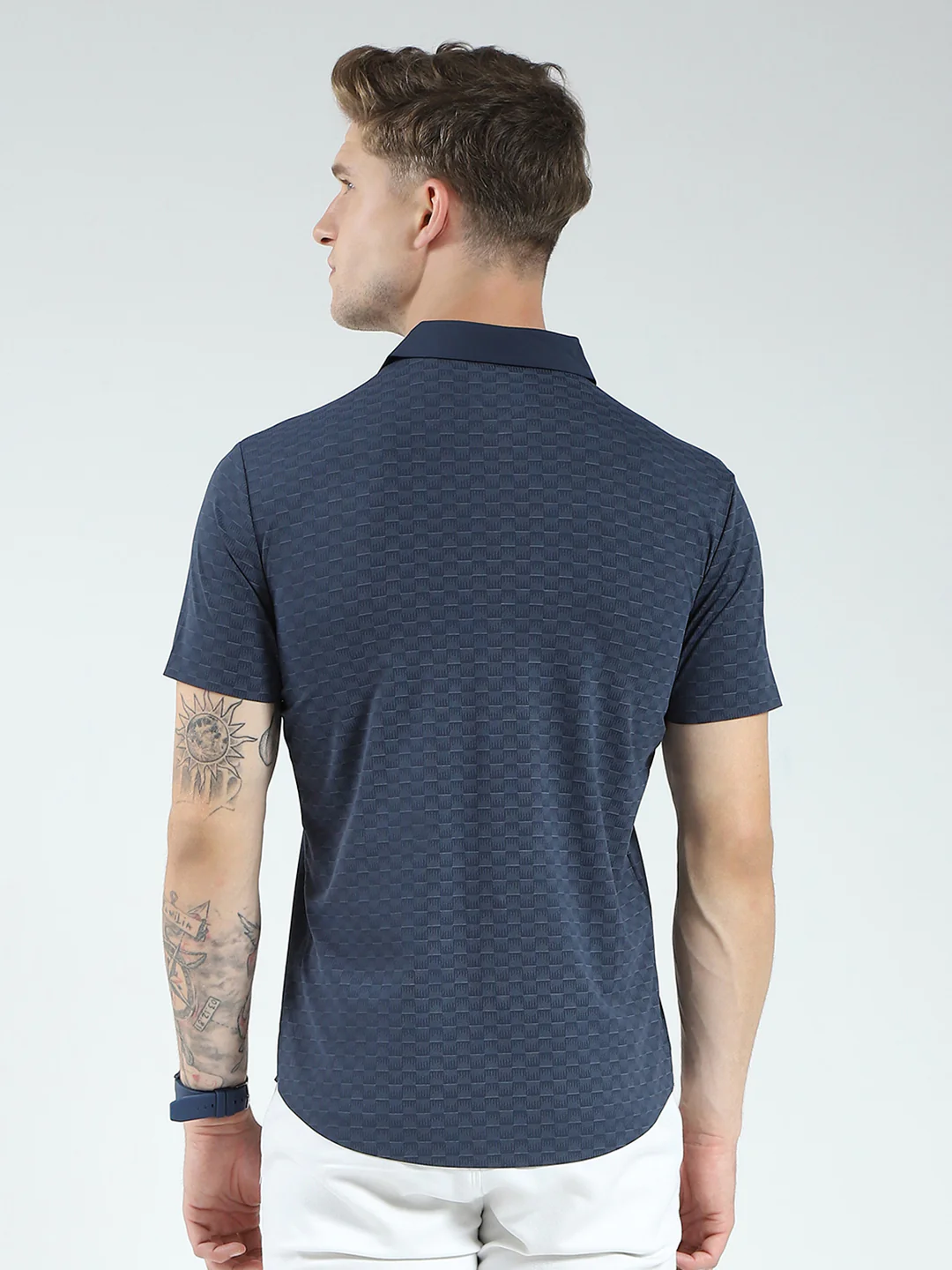 Men Navy Blue Printed Collar Half Sleeve Shirt - Image 5