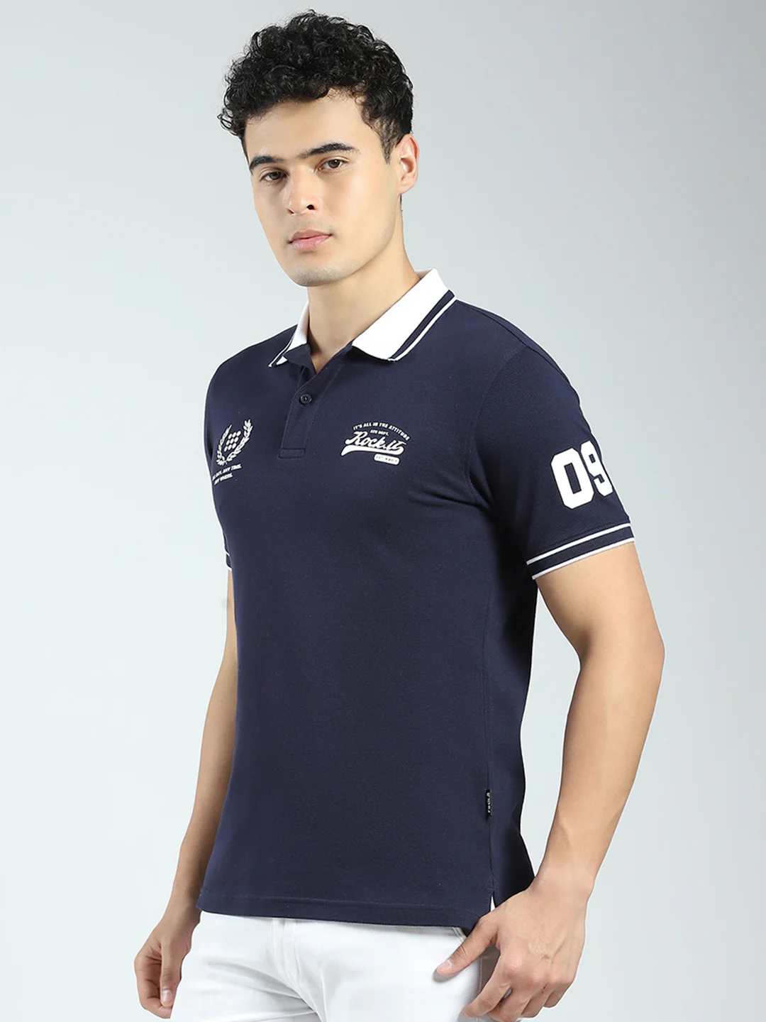 Rock.it Men Navy Blue Printed Collar Half Sleeve T-Shirt - Image 3