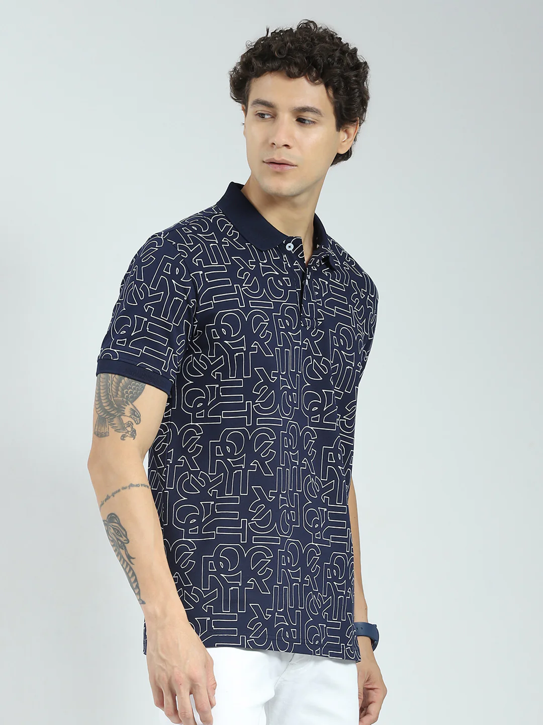 Rock.it Men Navy Blue Printed Collar Half Sleeve T-Shirt - Image 4