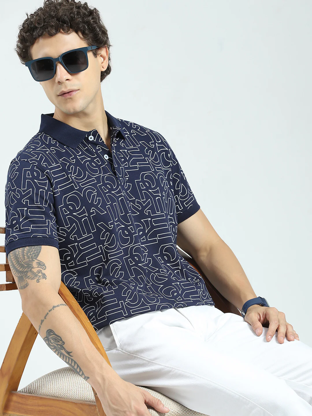 Rock.it Men Navy Blue Printed Collar Half Sleeve T-Shirt - Image 6