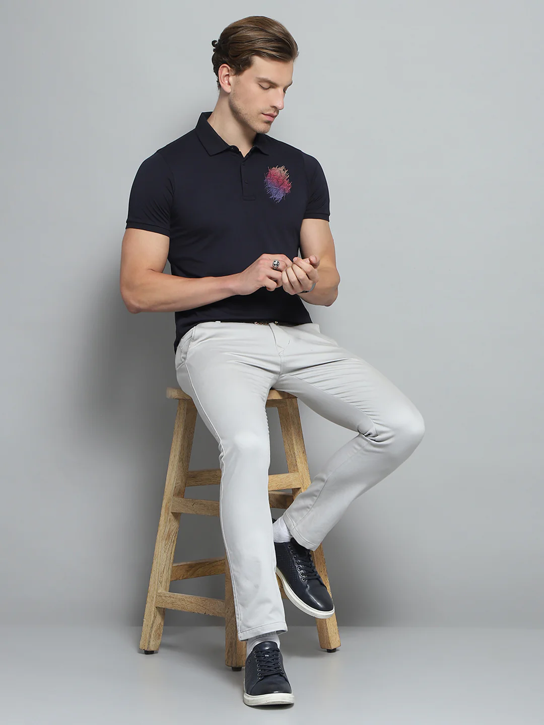 Men Navy Blue Printed Collar Half Sleeve T-Shirt - Image 2