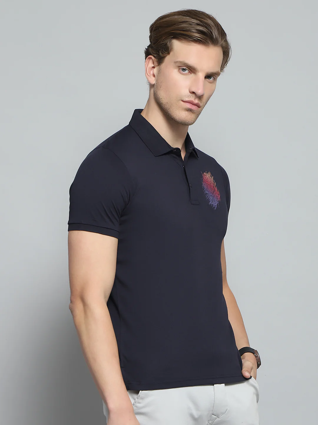 Men Navy Blue Printed Collar Half Sleeve T-Shirt - Image 4
