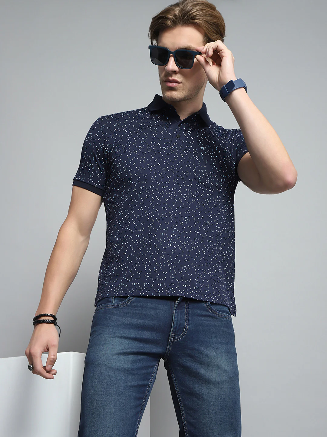 Men Navy Blue Printed Collar Half Sleeve T-Shirt - Image 6