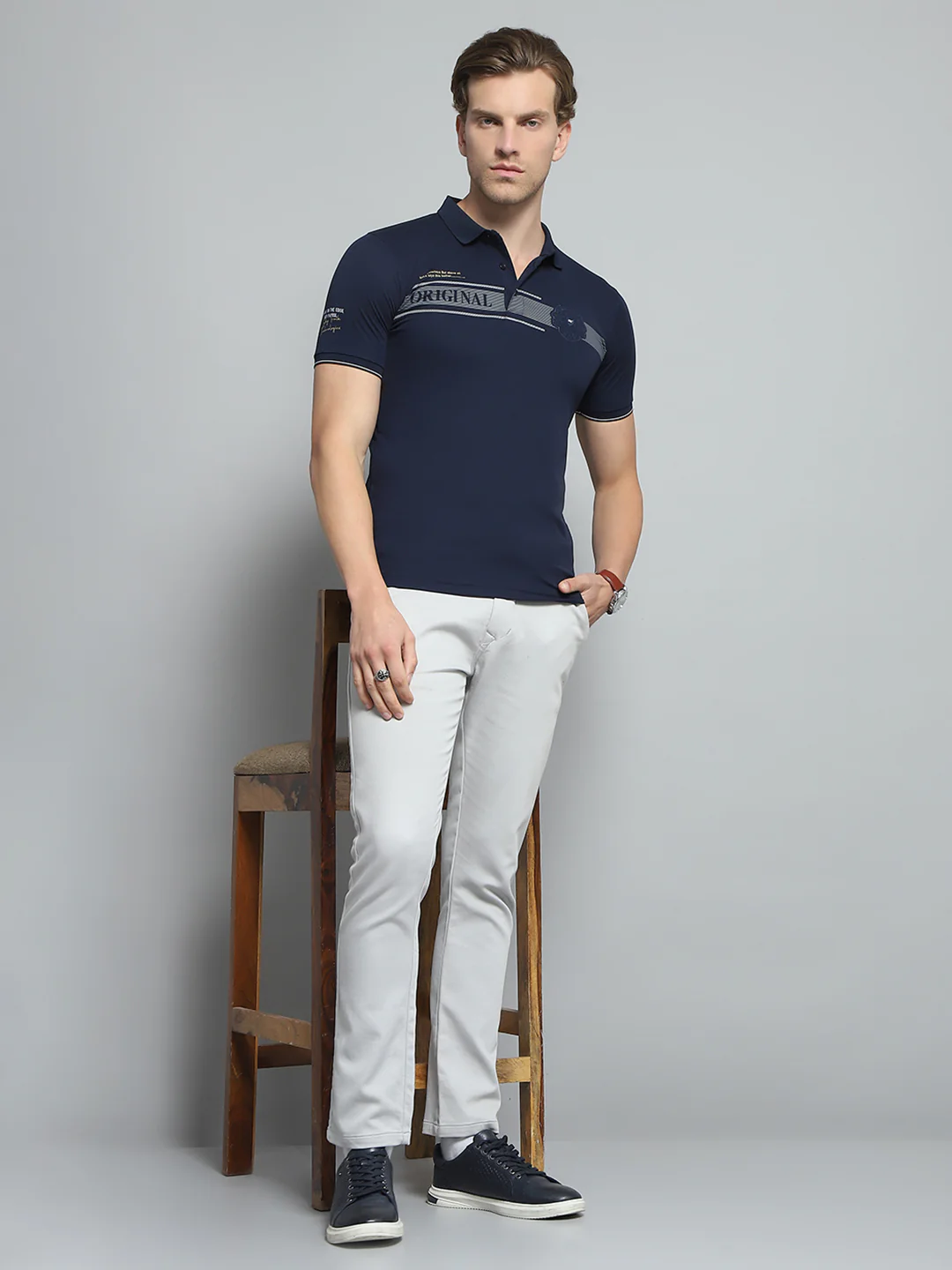 Men Navy Blue Printed Collar Half Sleeve T-Shirt - Image 2