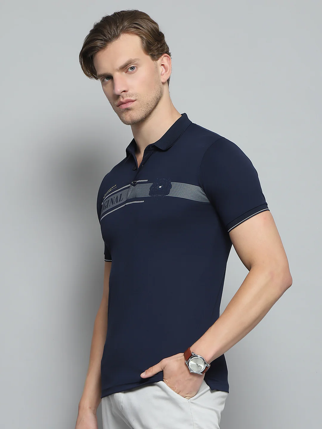 Men Navy Blue Printed Collar Half Sleeve T-Shirt - Image 3