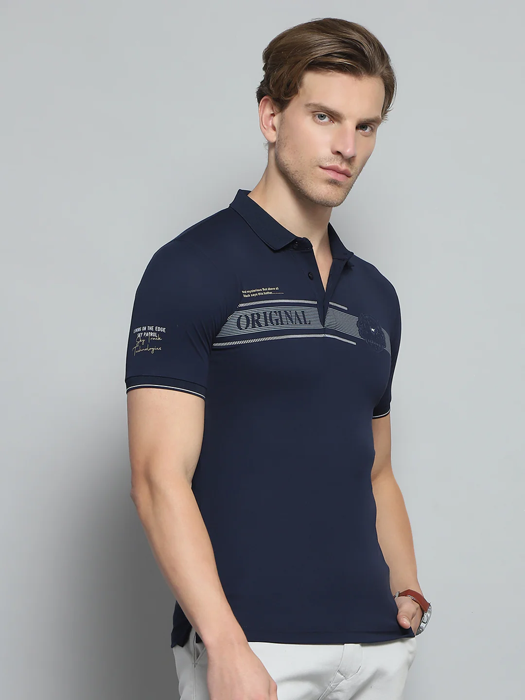 Men Navy Blue Printed Collar Half Sleeve T-Shirt - Image 4